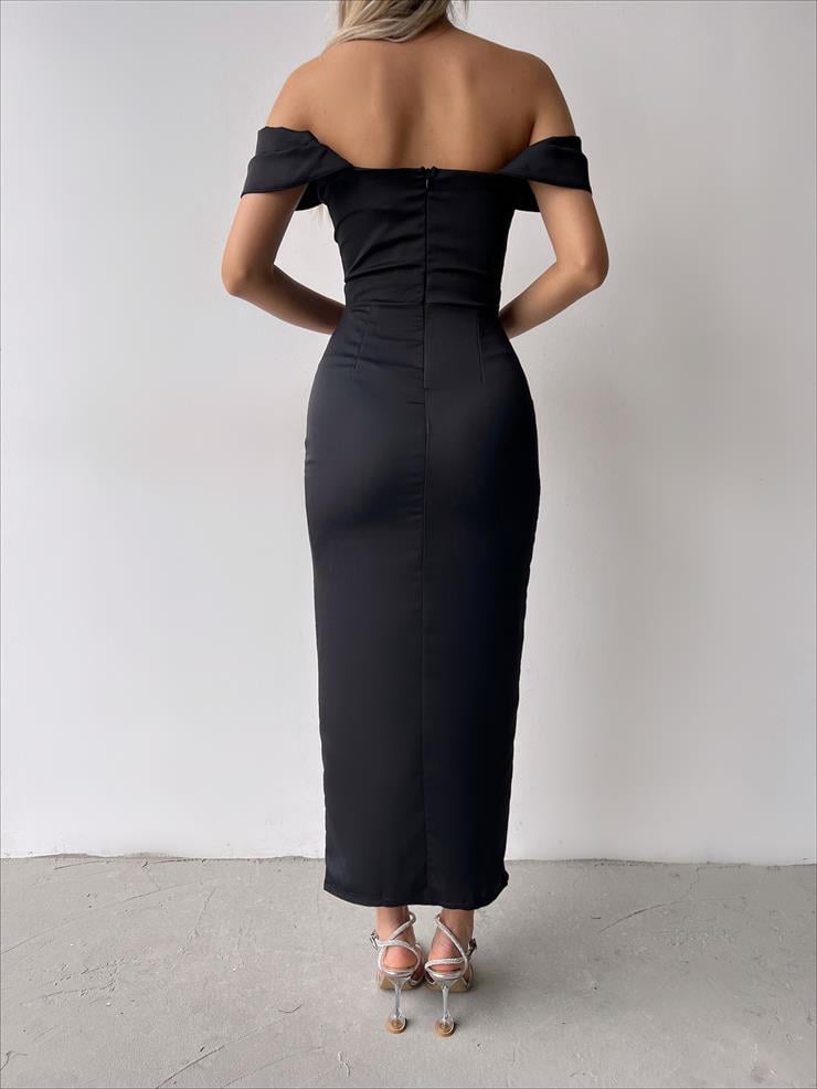 Düşük Kol Korse Görünümlü Empfang Kadın Siyah Elbise 23Y000247