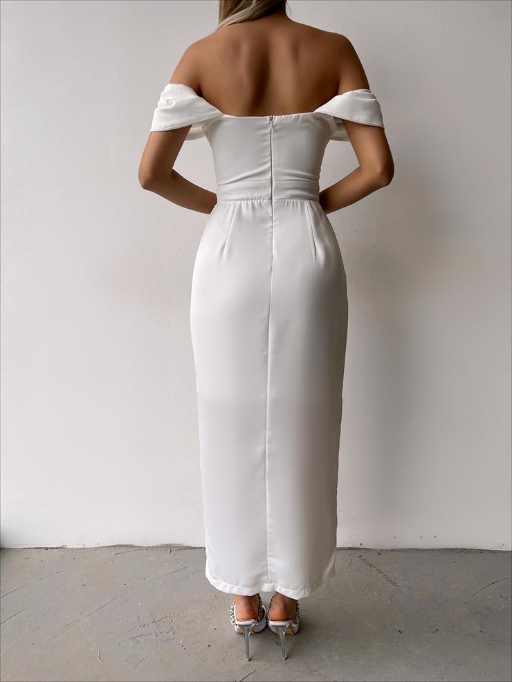 Düşük Kol Korse Görünümlü Empfang Kadın Beyaz Elbise 23Y000247