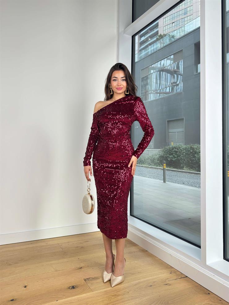 Tek Omuz Drapeli Payetli Engel Bordo Kadın Midi Elbise 25K339