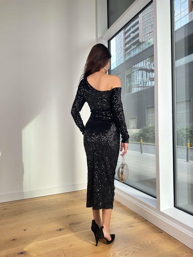 Tek Omuz Drapeli Payetli Engel Siyah Kadın Midi Elbise 25K339