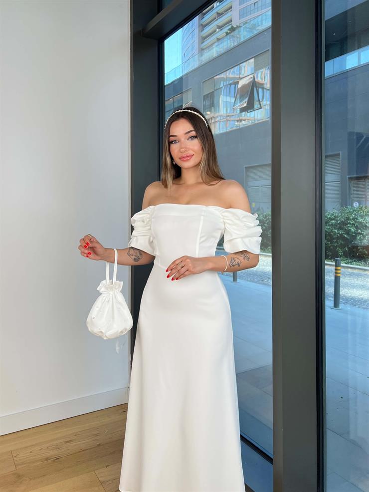 Balon Kol Belden Oturtmalı Engle Beyaz Kadın Elbise 25Y521