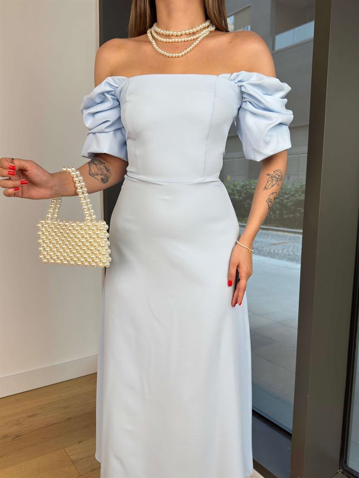 Balon Kol Belden Oturtmalı Engle Mavi Kadın Elbise 25Y521