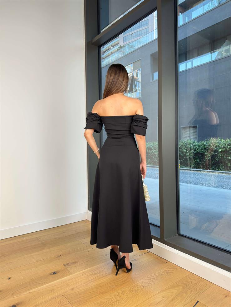 Balon Kol Belden Oturtmalı Engle Siyah Kadın Elbise 25Y521