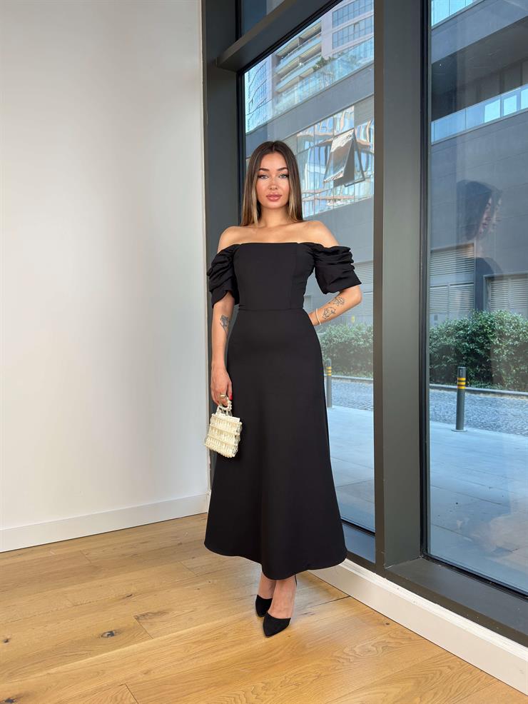 Balon Kol Belden Oturtmalı Engle Siyah Kadın Elbise 25Y521