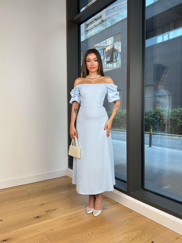 Balon Kol Belden Oturtmalı Engle Mavi Kadın Elbise 25Y521