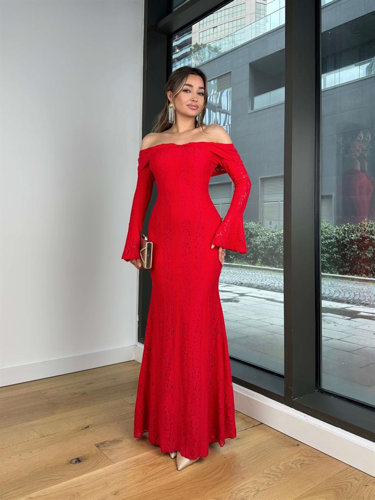 Madonna Yaka Uzun Kol Dantel Enivey Kırmızı Kadın Elbise 25Y071