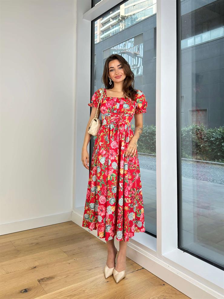 Balon Kol Kare Yaka Önü Büzgü Ve Çapraz Bağlama Detaylı Enni Kadın Kırmızı Elbise 24Y719