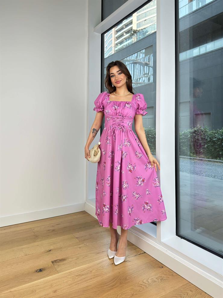 Balon Kol Kare Yaka Önü Büzgü Ve Çapraz Bağlama Detaylı Enni Kadın Lila Elbise 24Y719