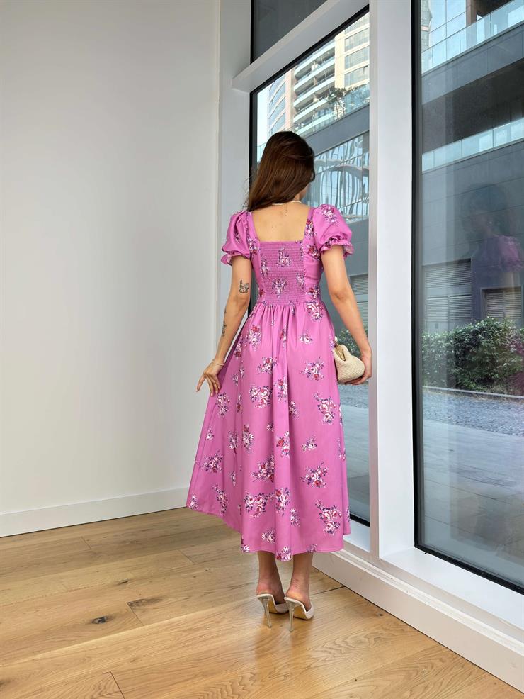 Balon Kol Kare Yaka Önü Büzgü Ve Çapraz Bağlama Detaylı Enni Kadın Lila Elbise 24Y719