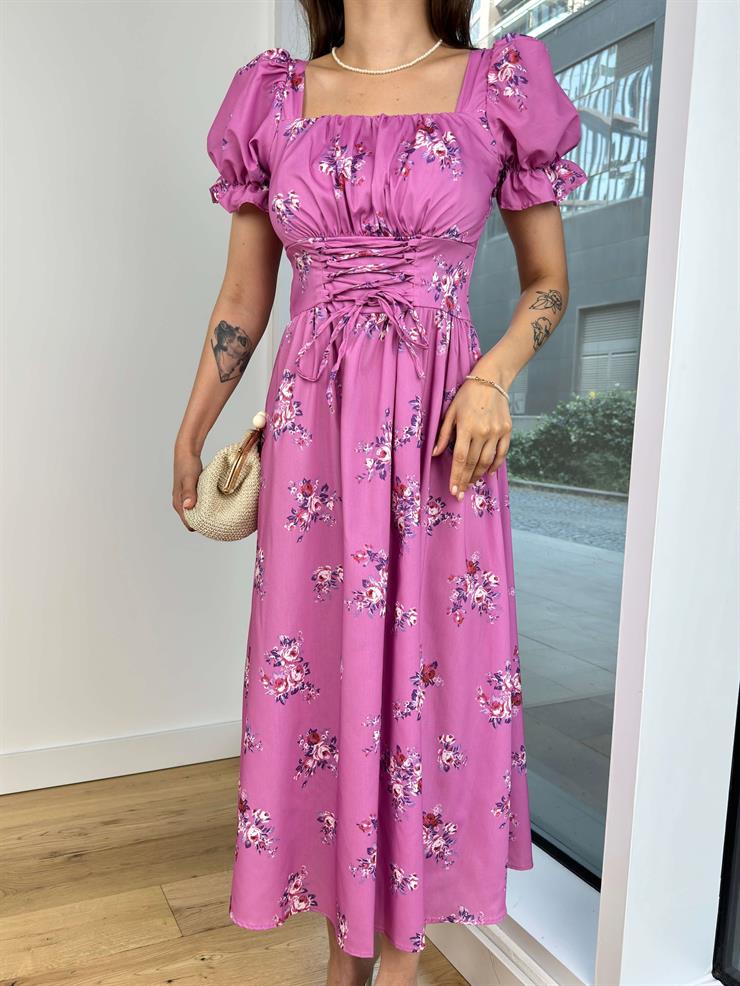 Balon Kol Kare Yaka Önü Büzgü Ve Çapraz Bağlama Detaylı Enni Kadın Lila Elbise 24Y719