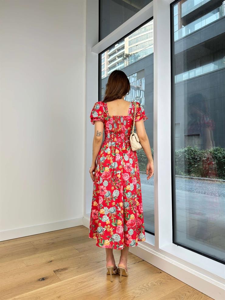 Balon Kol Kare Yaka Önü Büzgü Ve Çapraz Bağlama Detaylı Enni Kadın Kırmızı Elbise 24Y719