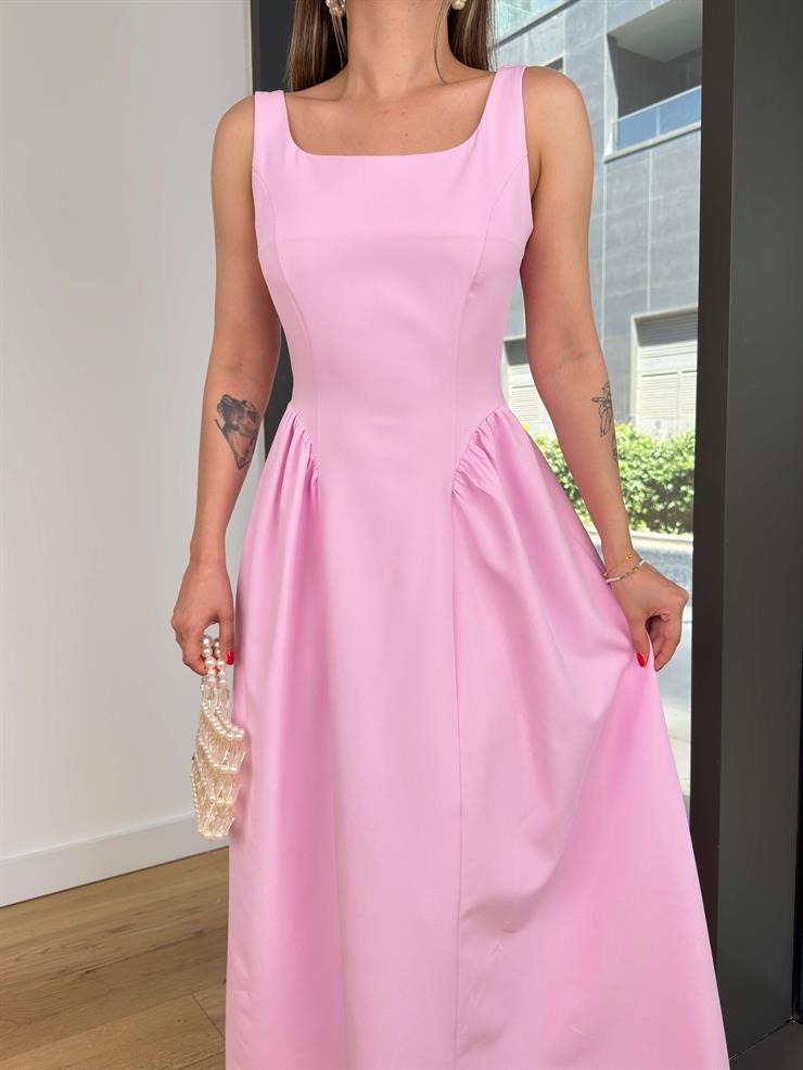 Kalın Askılı Kare Yaka Enual Pembe Kadın Elbise 25Y522