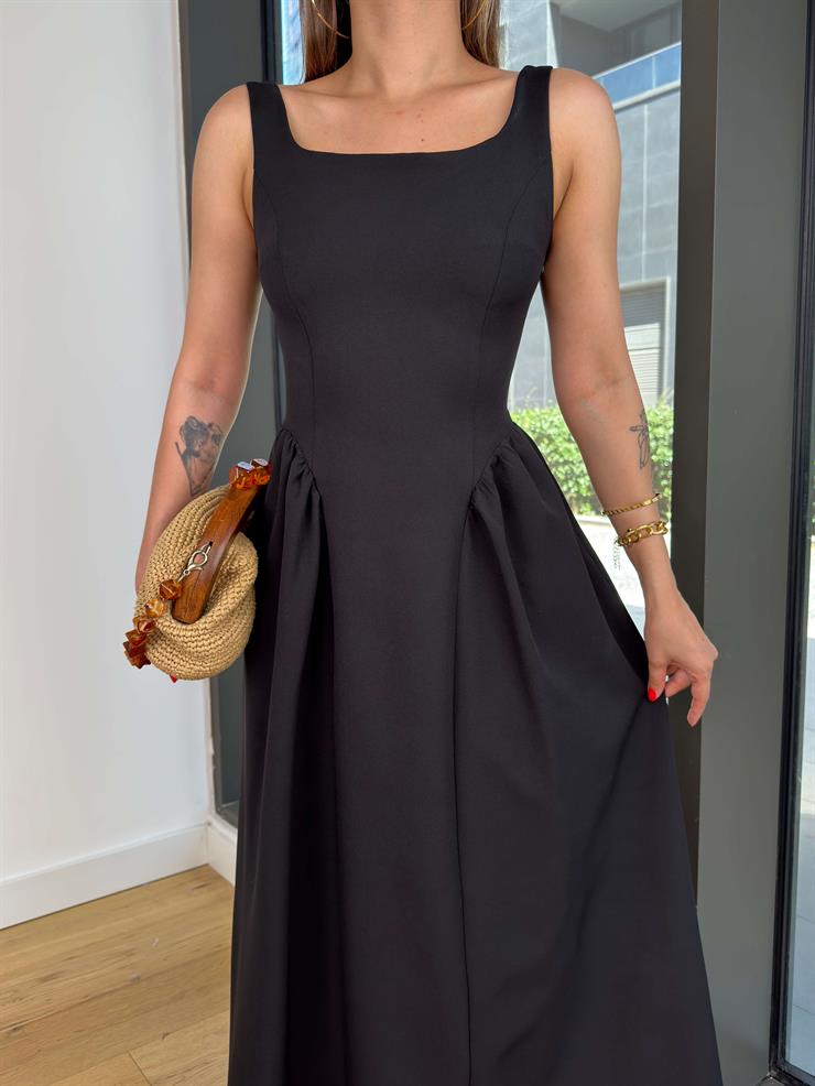 Kalın Askılı Kare Yaka Enual Siyah Kadın Elbise 25Y522