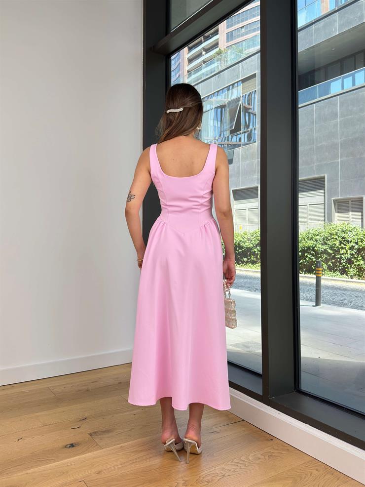 Kalın Askılı Kare Yaka Enual Pembe Kadın Elbise 25Y522