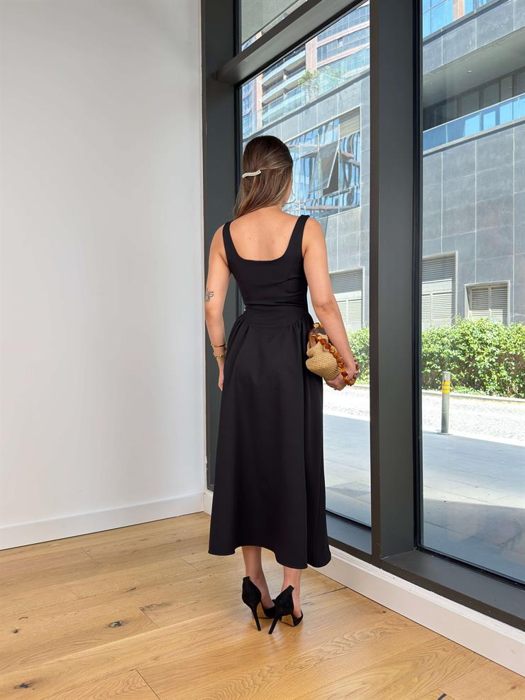 Kalın Askılı Kare Yaka Enual Siyah Kadın Elbise 25Y522