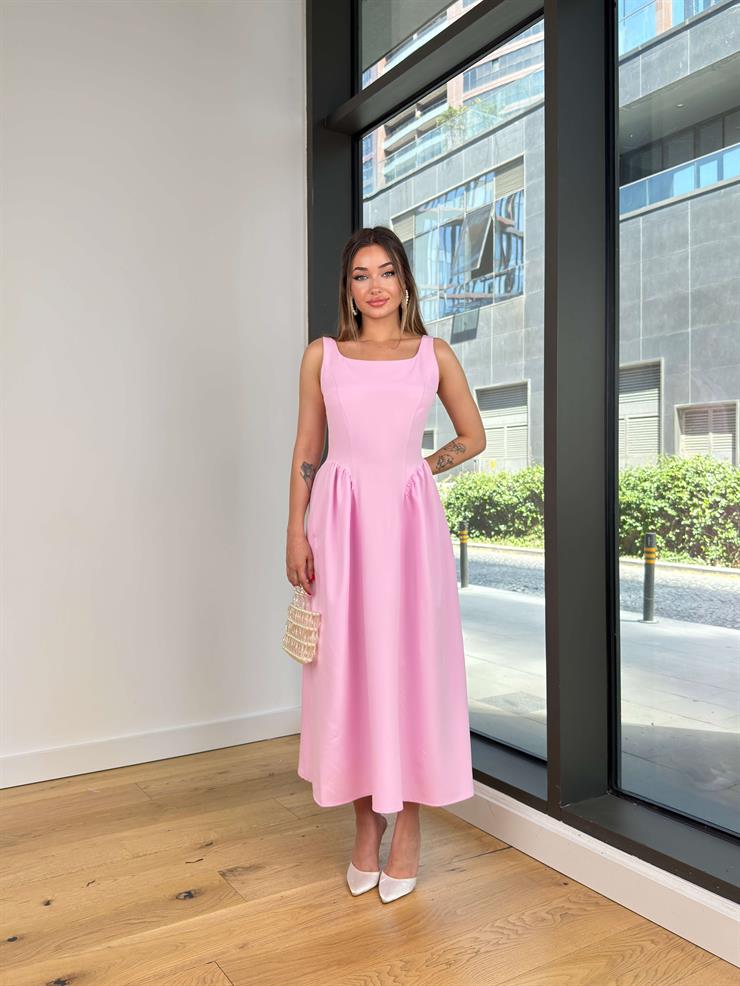 Kalın Askılı Kare Yaka Enual Pembe Kadın Elbise 25Y522