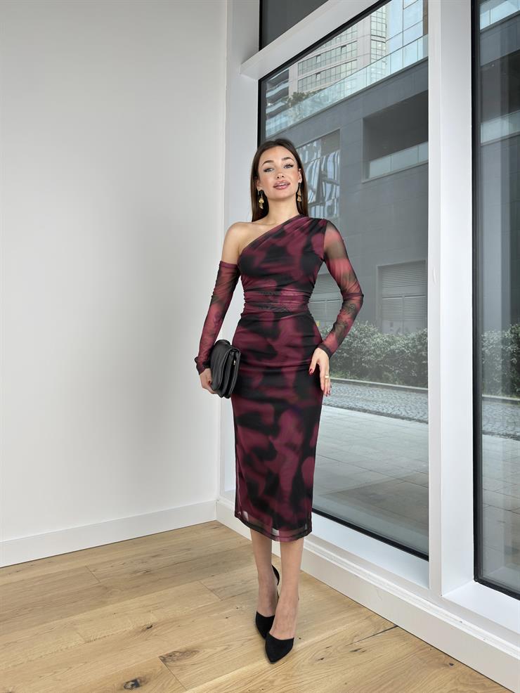 Tek Omuz Drape Detaylı Enzol Kadın Desenli  Siyah Midi Elbise 24Y204