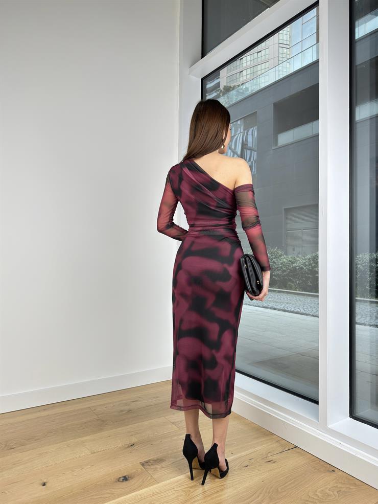 Tek Omuz Drape Detaylı Enzol Kadın Desenli  Siyah Midi Elbise 24Y204