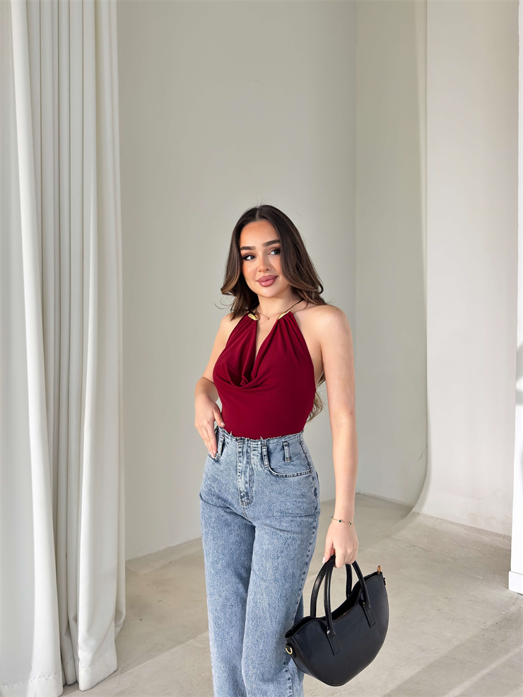 Boyundan Aksesuarlı Degaje Yaka Eolen Bordo Kadın Bodysuit 26Y018