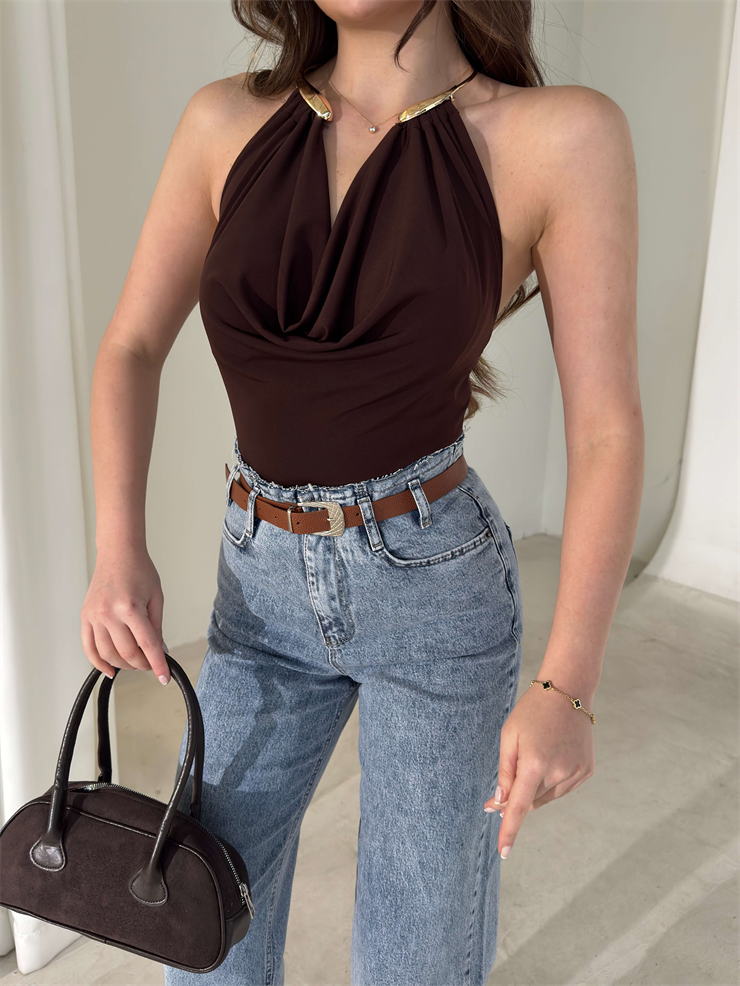 Boyundan Aksesuarlı Degaje Yaka Eolen Kahve Kadın Bodysuit 26Y018