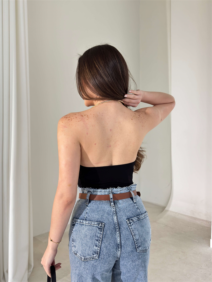 Boyundan Aksesuarlı Degaje Yaka Eolen Siyah Kadın Bodysuit 26Y018