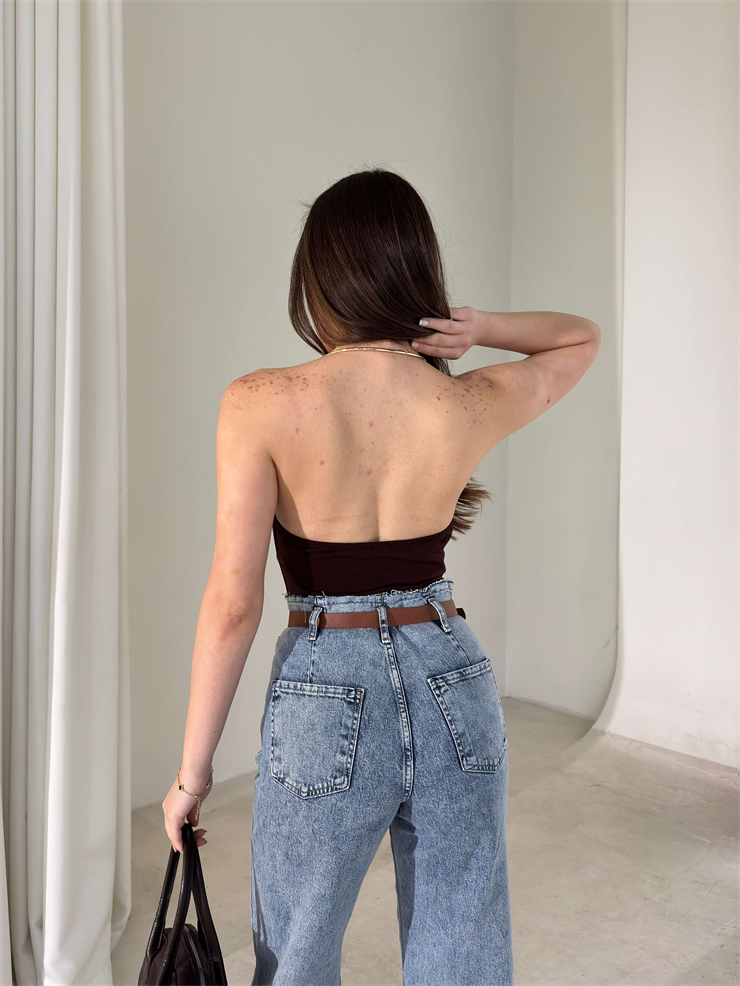 Boyundan Aksesuarlı Degaje Yaka Eolen Kahve Kadın Bodysuit 26Y018