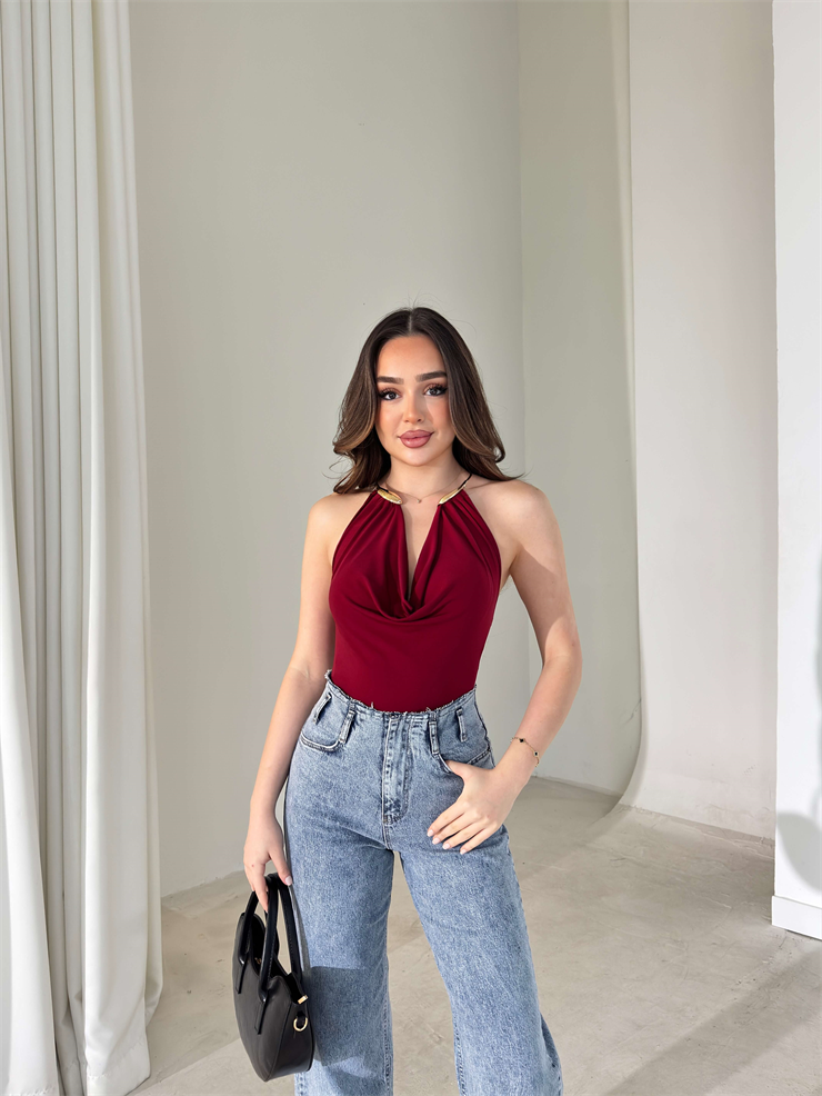 Boyundan Aksesuarlı Degaje Yaka Eolen Bordo Kadın Bodysuit 26Y018