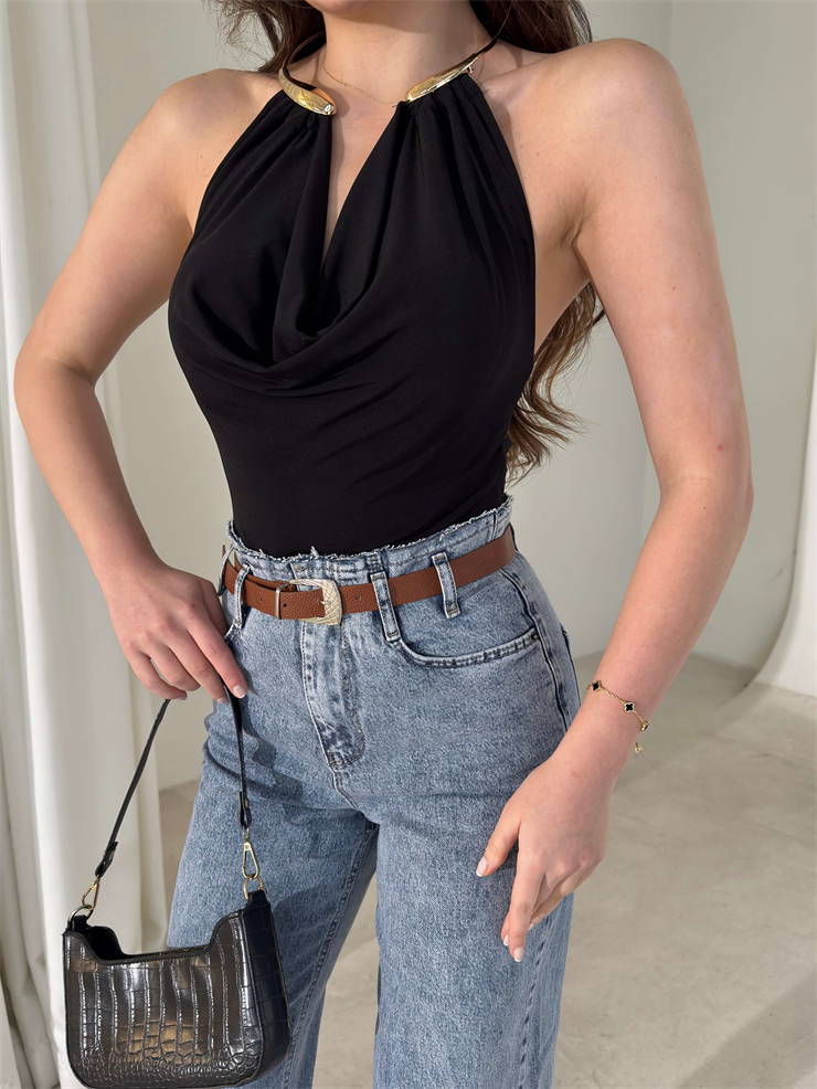 Boyundan Aksesuarlı Degaje Yaka Eolen Siyah Kadın Bodysuit 26Y018