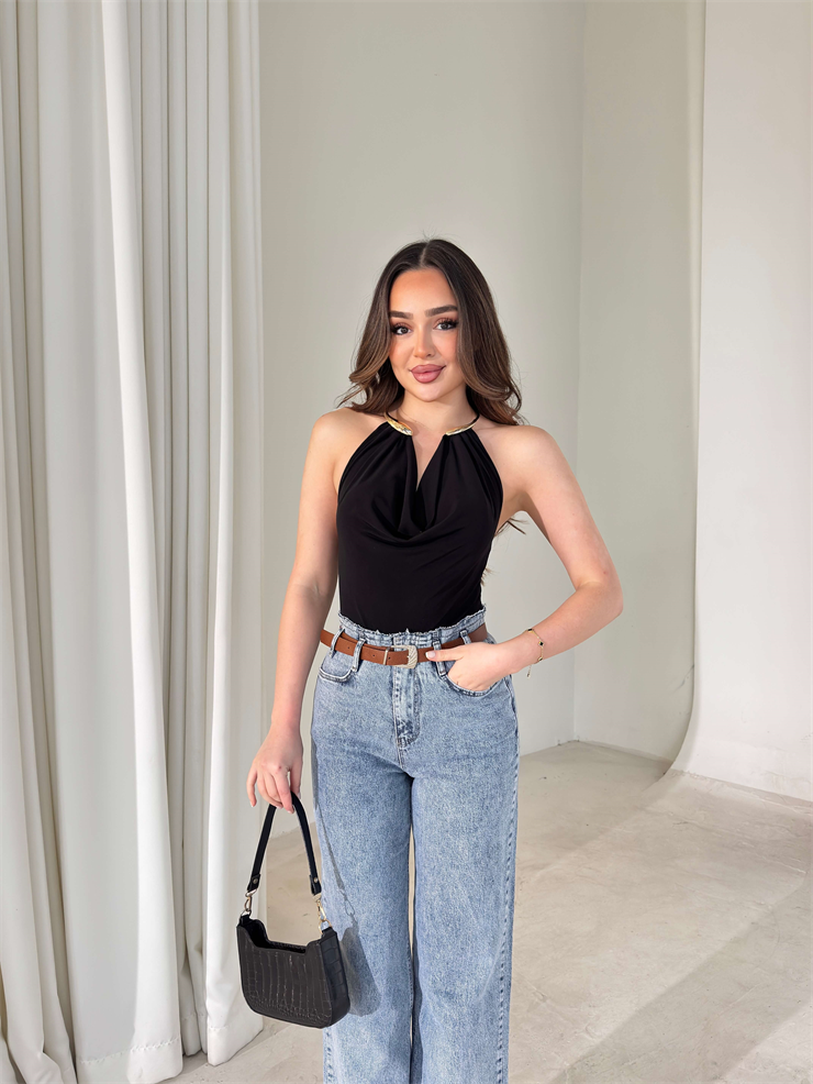 Boyundan Aksesuarlı Degaje Yaka Eolen Siyah Kadın Bodysuit 26Y018