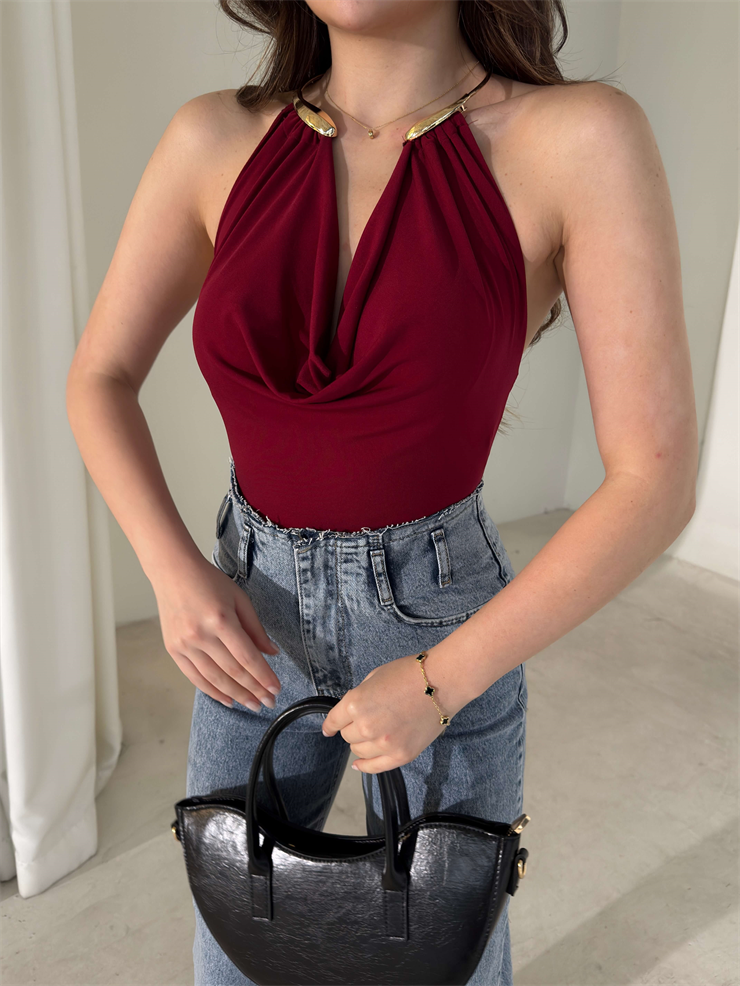 Boyundan Aksesuarlı Degaje Yaka Eolen Bordo Kadın Bodysuit 26Y018