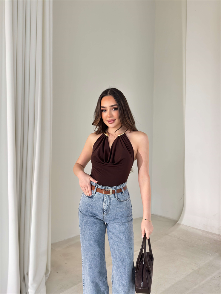 Boyundan Aksesuarlı Degaje Yaka Eolen Kahve Kadın Bodysuit 26Y018