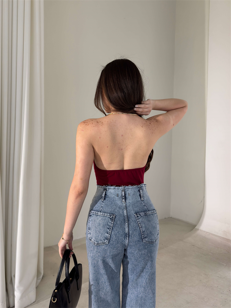 Boyundan Aksesuarlı Degaje Yaka Eolen Bordo Kadın Bodysuit 26Y018