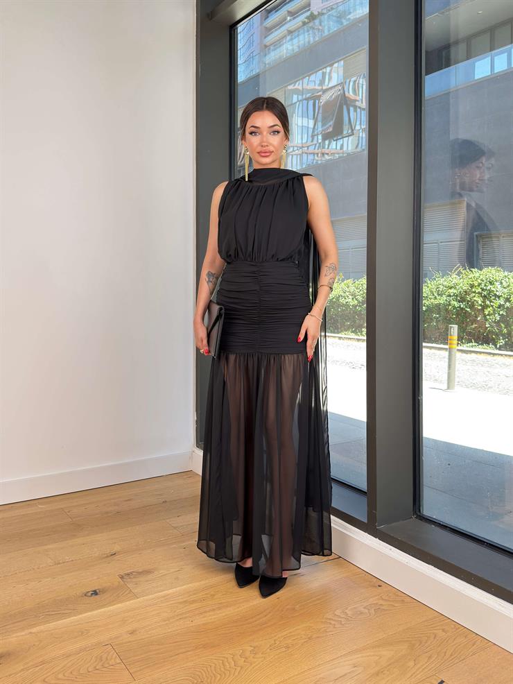 Boyundan Kuşaklı Drapeli Epard Siyah Kadın Tül Elbise 25Y523