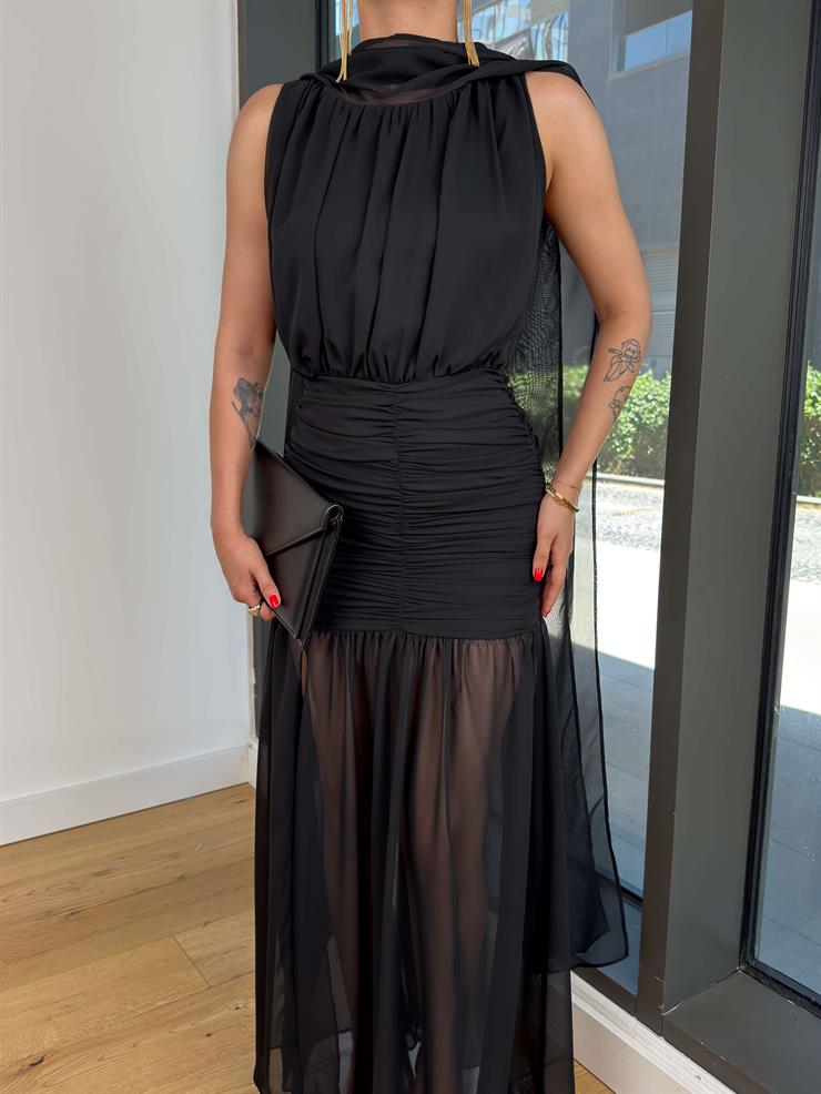 Boyundan Kuşaklı Drapeli Epard Siyah Kadın Tül Elbise 25Y523