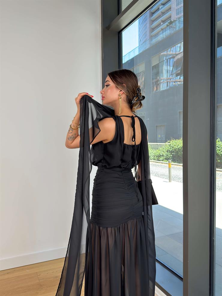 Boyundan Kuşaklı Drapeli Epard Siyah Kadın Tül Elbise 25Y523