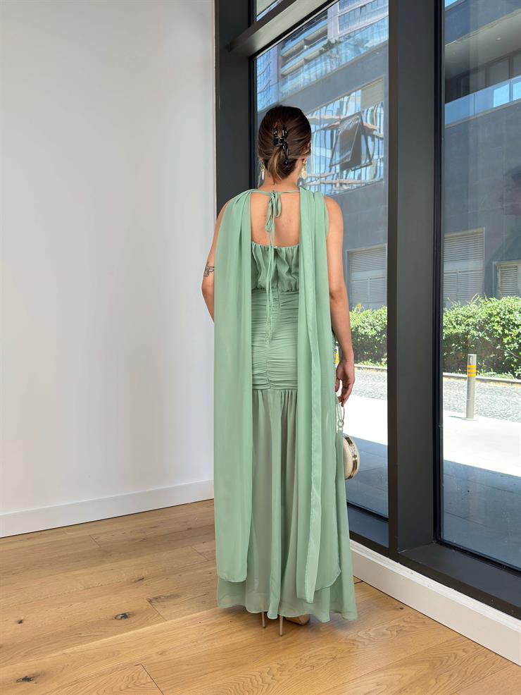 Boyundan Kuşaklı Drapeli Epard Mint Kadın Tül Elbise 25Y523