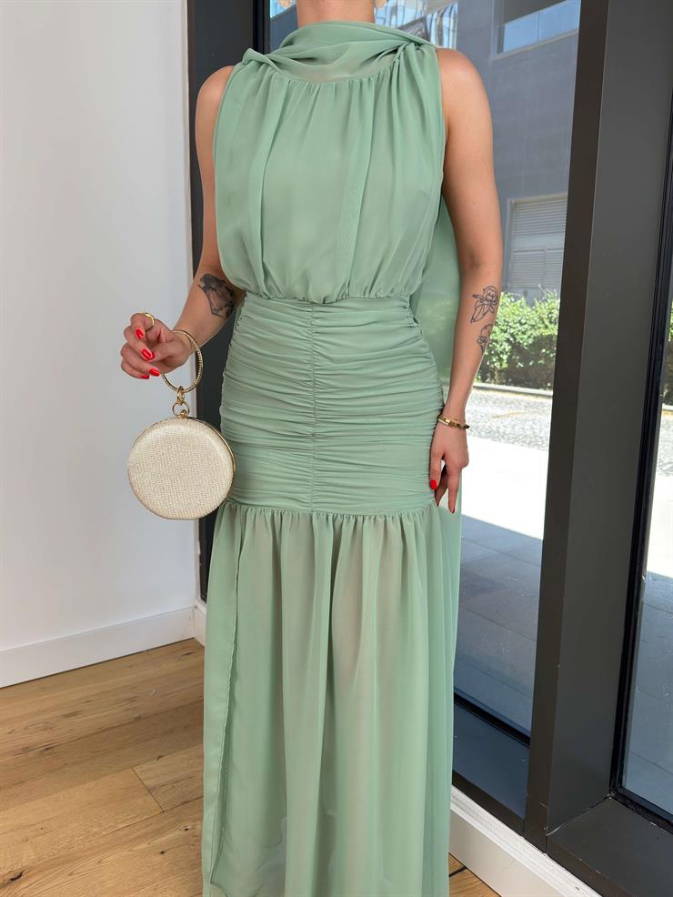 Boyundan Kuşaklı Drapeli Epard Mint Kadın Tül Elbise 25Y523