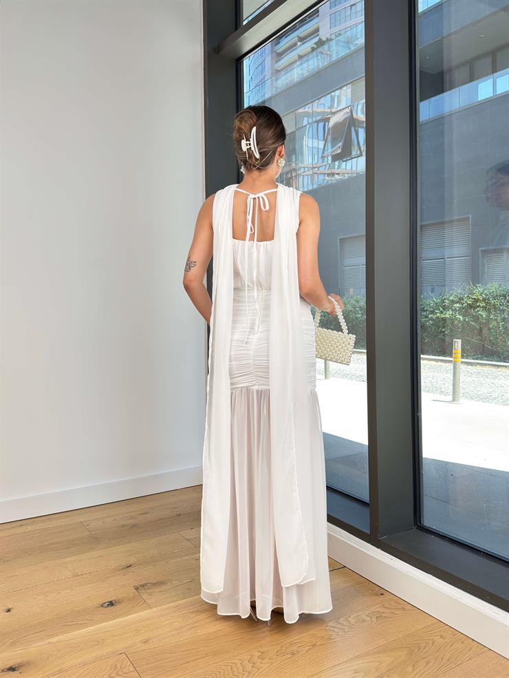 Boyundan Kuşaklı Drapeli Epard Beyaz Kadın Tül Elbise 25Y523