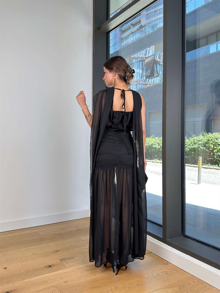 Boyundan Kuşaklı Drapeli Epard Siyah Kadın Tül Elbise 25Y523