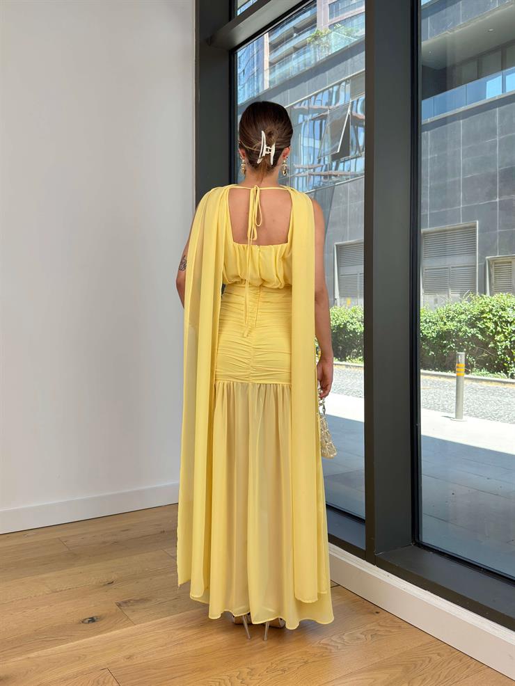 Boyundan Kuşaklı Drapeli Epard Sarı Kadın Tül Elbise 25Y523