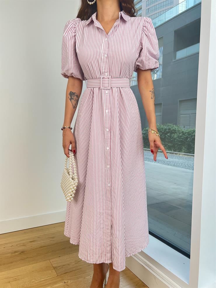 Önü Düğme Kapamalı Balon Kol Beli kemerli Erasto Kadın Çizgili Pembe Elbise 24Y743