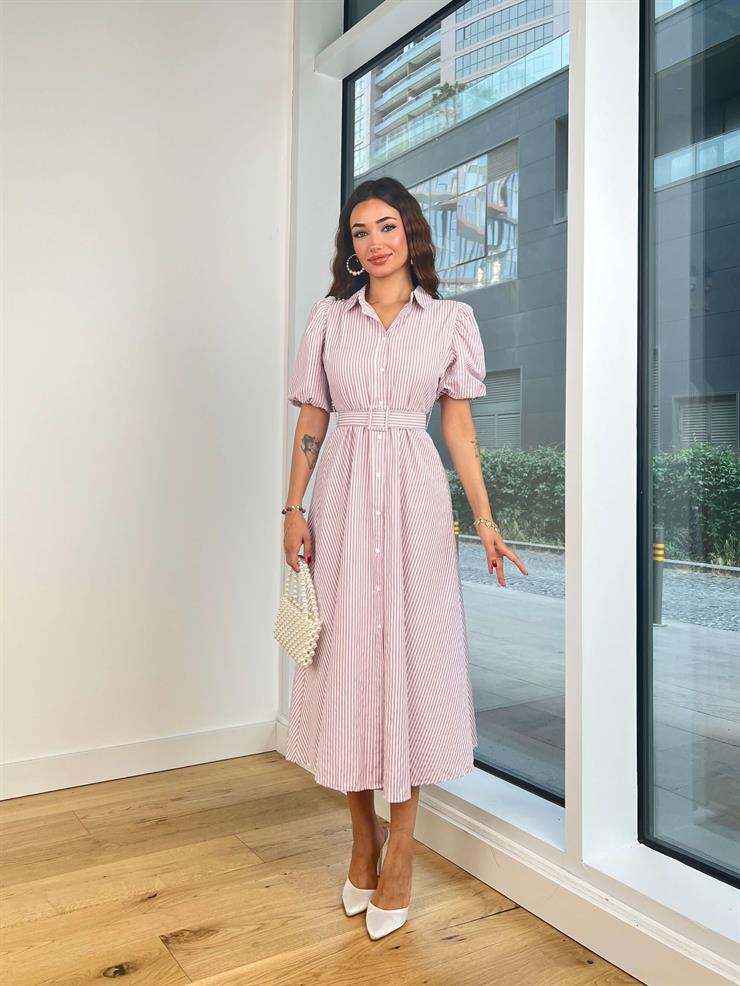 Önü Düğme Kapamalı Balon Kol Beli kemerli Erasto Kadın Çizgili Pembe Elbise 24Y743