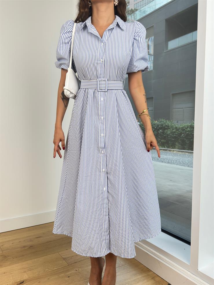 Önü Düğme Kapamalı Balon Kol Beli kemerli Erasto Kadın Çizgili Mavi Elbise 24Y743