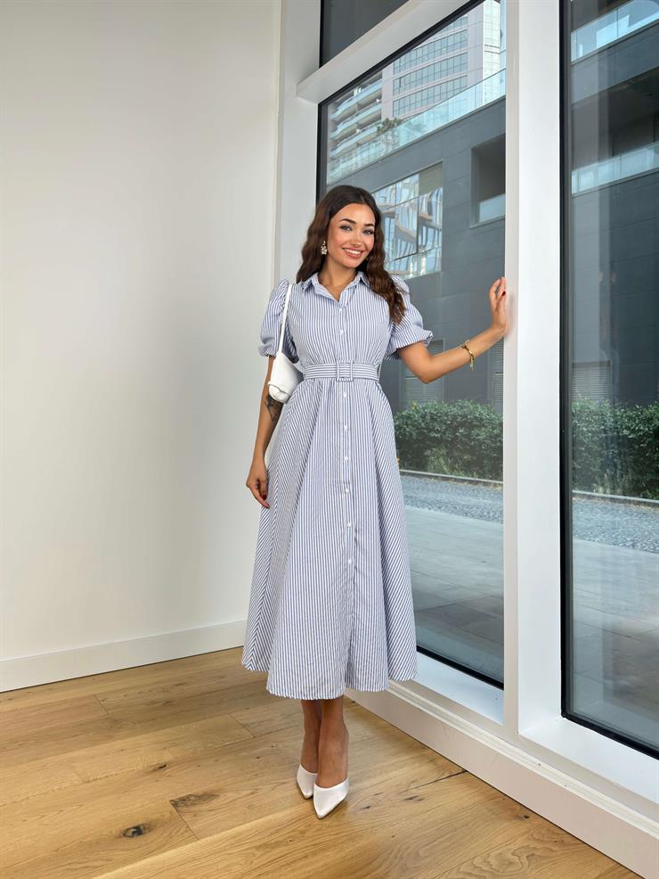 Önü Düğme Kapamalı Balon Kol Beli kemerli Erasto Kadın Çizgili Mavi Elbise 24Y743