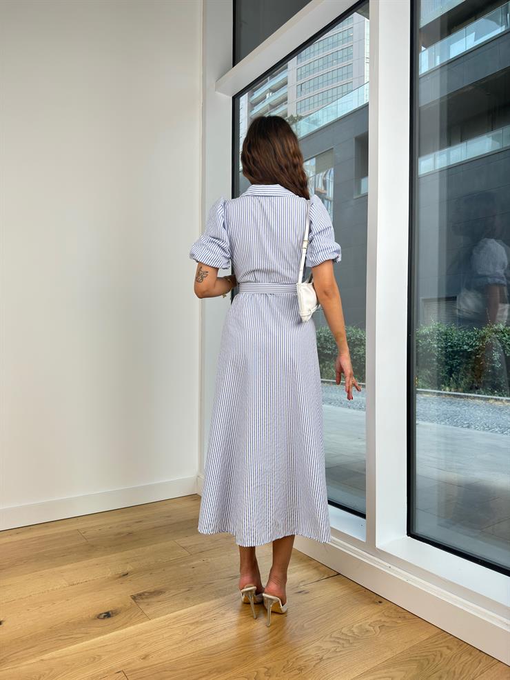 Önü Düğme Kapamalı Balon Kol Beli kemerli Erasto Kadın Çizgili Mavi Elbise 24Y743