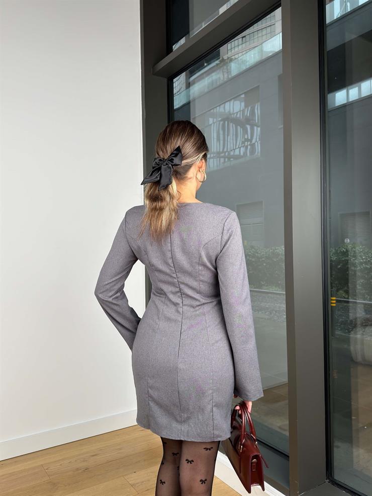 Kare Yaka Yakası Ve Yırtmacı Ayarlanabilir Uzun Kol Eriza Gri Kadın Mini Elbise 25K470