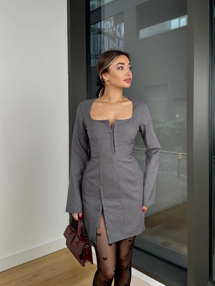 Kare Yaka Yakası Ve Yırtmacı Ayarlanabilir Uzun Kol Eriza Gri Kadın Mini Elbise 25K470