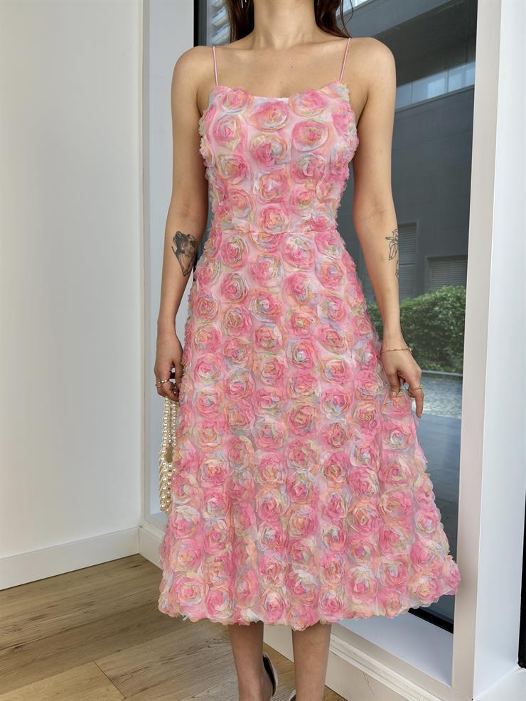 Askılı Gül Detaylı Erlan Kadın Pembe Elbise 24Y514