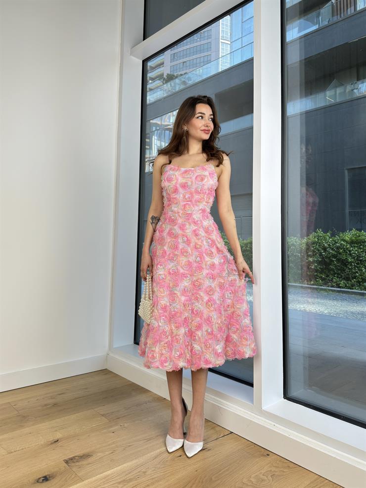 Askılı Gül Detaylı Erlan Kadın Pembe Elbise 24Y514