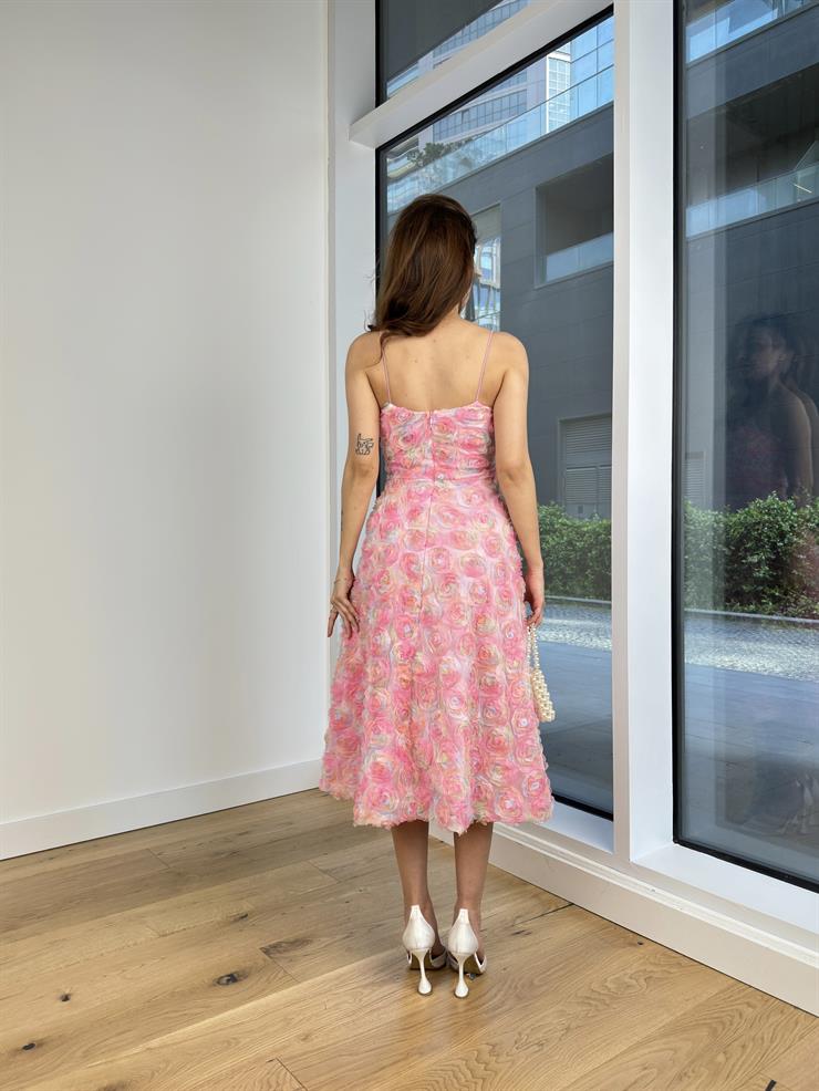 Askılı Gül Detaylı Erlan Kadın Pembe Elbise 24Y514